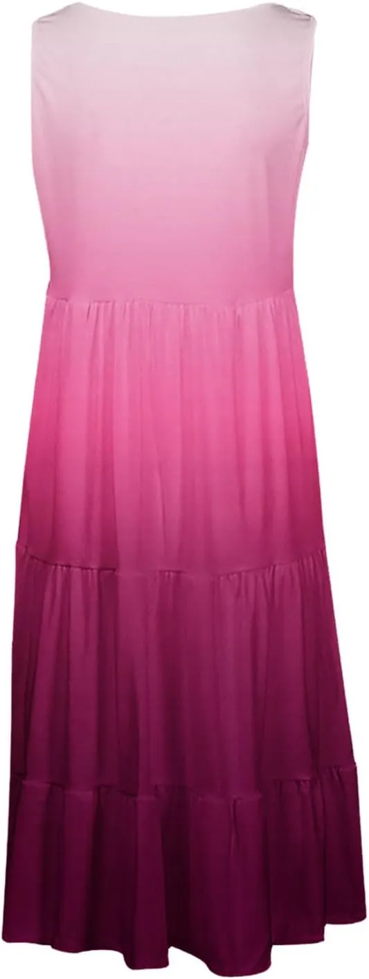 Tank Dress for Women 2025 Summer Boho Gradient Beach Vacation Sundress Sleeveless Pleated Ladies Tropical Dresses