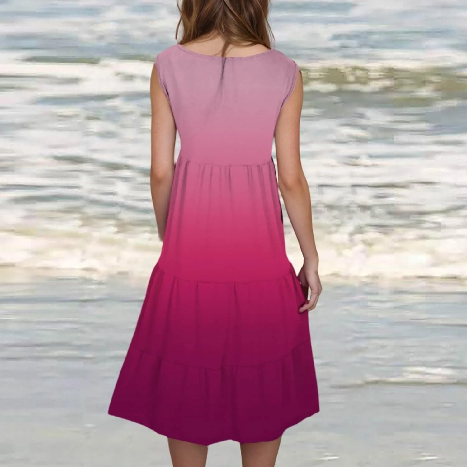 Tank Dress for Women 2025 Summer Boho Gradient Beach Vacation Sundress Sleeveless Pleated Ladies Tropical Dresses