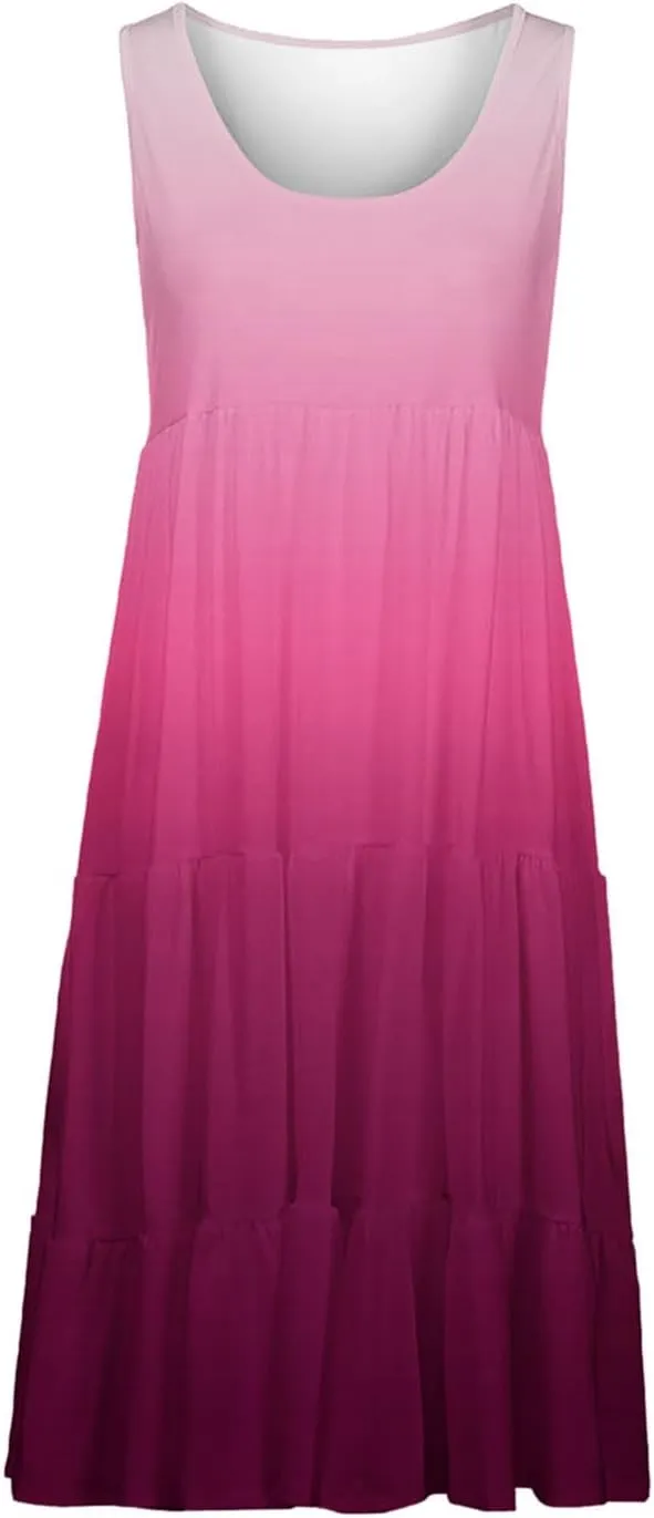 Tank Dress for Women 2025 Summer Boho Gradient Beach Vacation Sundress Sleeveless Pleated Ladies Tropical Dresses