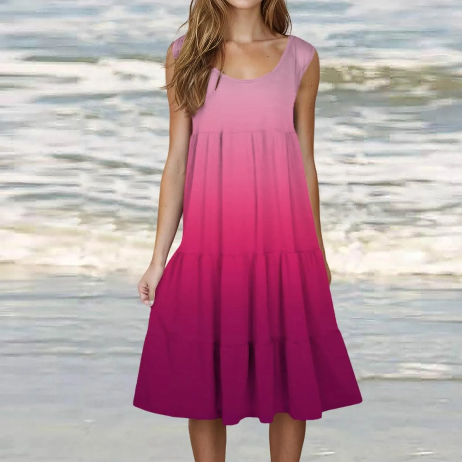 Tank Dress for Women 2025 Summer Boho Gradient Beach Vacation Sundress Sleeveless Pleated Ladies Tropical Dresses