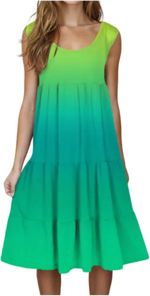 Tank Dress for Women 2025 Summer Boho Gradient Beach Vacation Sundress Sleeveless Pleated Ladies Tropical Dresses