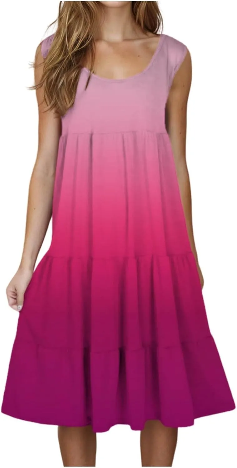 Tank Dress for Women 2025 Summer Boho Gradient Beach Vacation Sundress Sleeveless Pleated Ladies Tropical Dresses