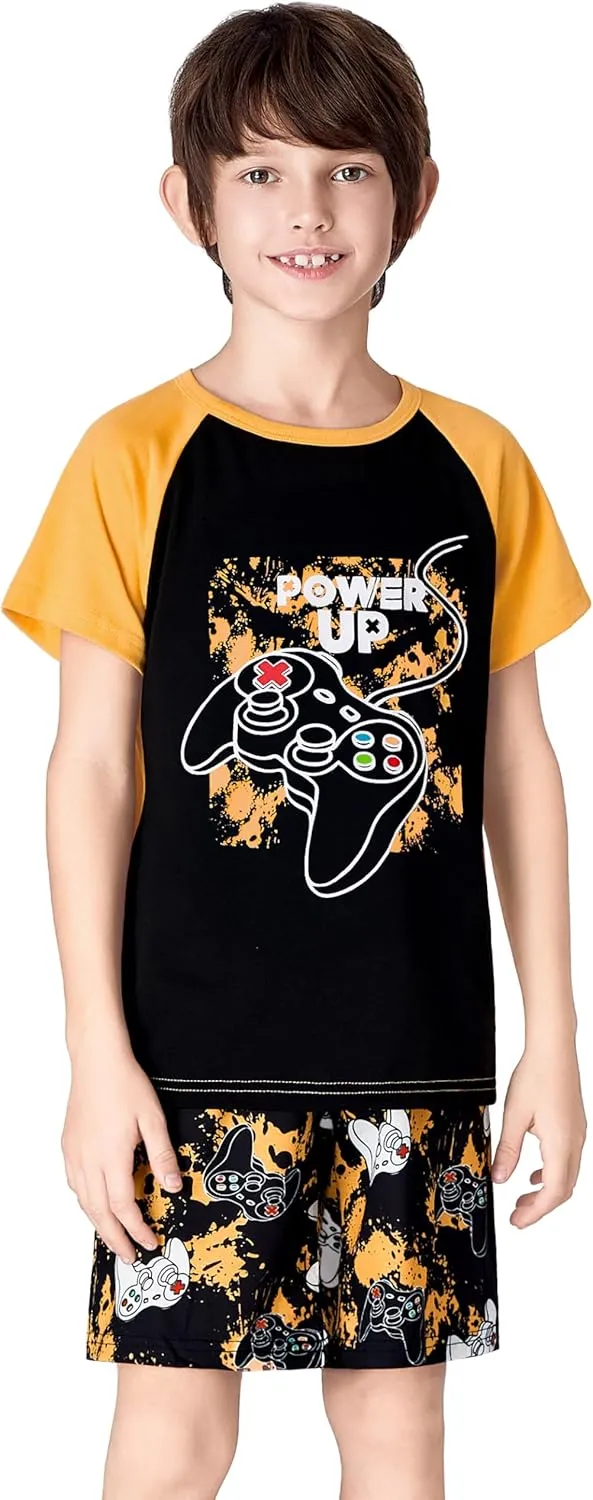 Tebbis 2-Piece Cozy Pajamas For Little/Big Boys Gamer Yellow Short Sleeves Cool PJs Set Kid Size 6-18
