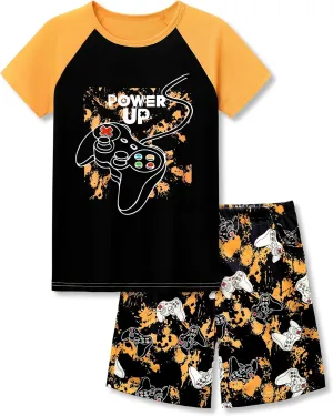 Tebbis 2-Piece Cozy Pajamas For Little/Big Boys Gamer Yellow Short Sleeves Cool PJs Set Kid Size 6-18
