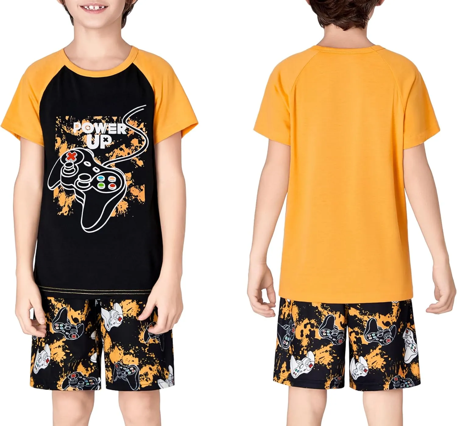 Tebbis 2-Piece Cozy Pajamas For Little/Big Boys Gamer Yellow Short Sleeves Cool PJs Set Kid Size 6-18