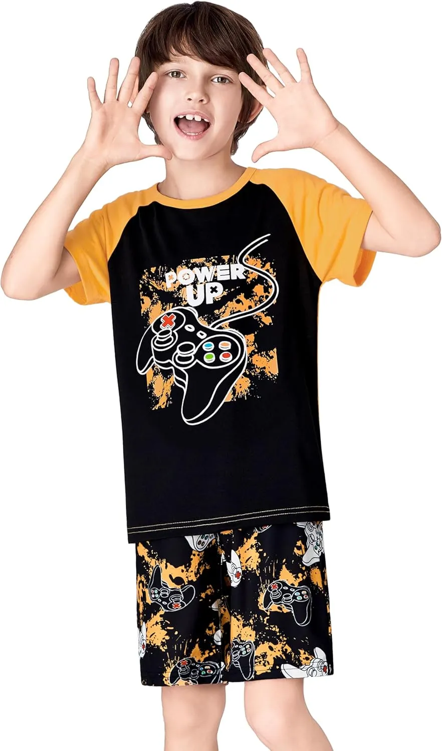 Tebbis 2-Piece Cozy Pajamas For Little/Big Boys Gamer Yellow Short Sleeves Cool PJs Set Kid Size 6-18