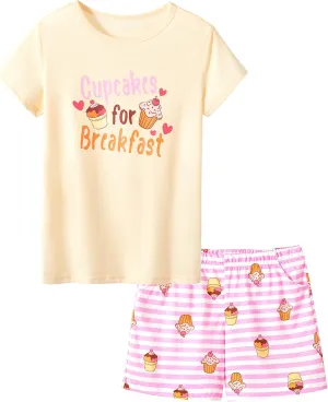 Tebbis Girls Pajamas Cotton Soft PJS Cupcake/Butterfly Stripe Summer Short Cute Jammies Size 6-18