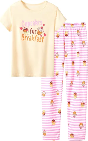 Tebbis Girls Pajamas Cotton Soft PJS Cupcake/Butterfly Stripe Summer Short Cute Jammies Size 6-18