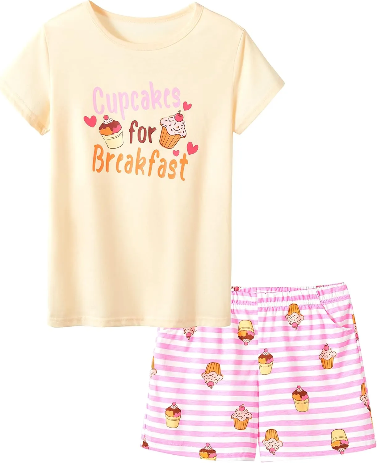 Tebbis Girls Pajamas Cotton Soft PJS Cupcake/Butterfly Stripe Summer Short Cute Jammies Size 6-18