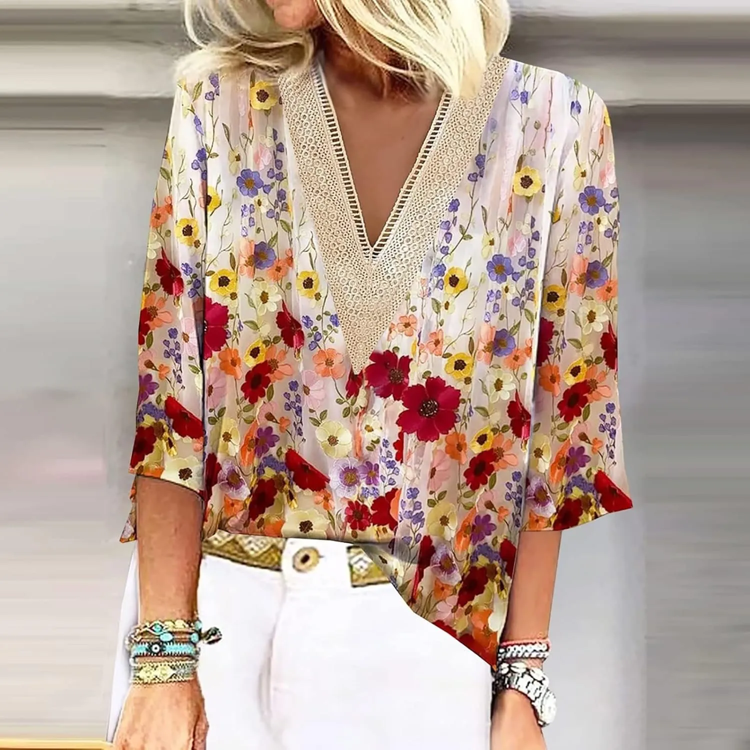 Tops for Women with Sleeves 3/4 Sleeve Shirts Lace V Neck Dressy Tops Trendy Summer Floral Blouses