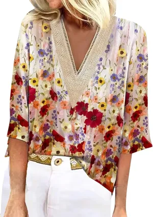 Tops for Women with Sleeves 3/4 Sleeve Shirts Lace V Neck Dressy Tops Trendy Summer Floral Blouses
