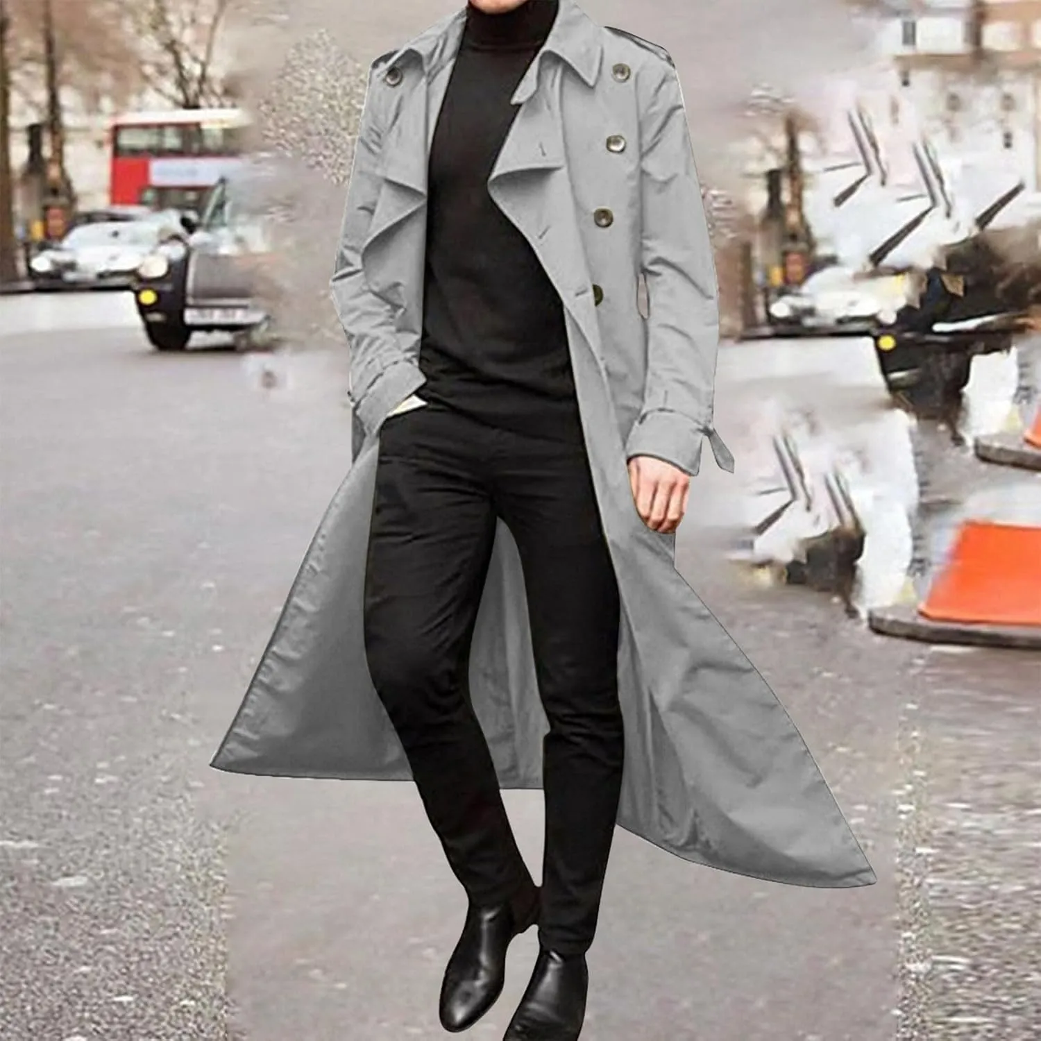 Trench Coats for Men Fall Long Jackets Double Breasted Overcoat Long Sleeve Tops Casual Business Outerwear with Pocket