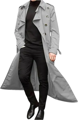 Trench Coats for Men Fall Long Jackets Double Breasted Overcoat Long Sleeve Tops Casual Business Outerwear with Pocket