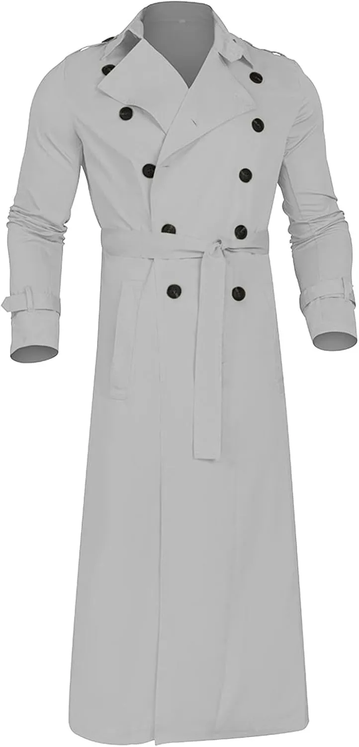 Trench Coats for Men Fall Long Jackets Double Breasted Overcoat Long Sleeve Tops Casual Business Outerwear with Pocket