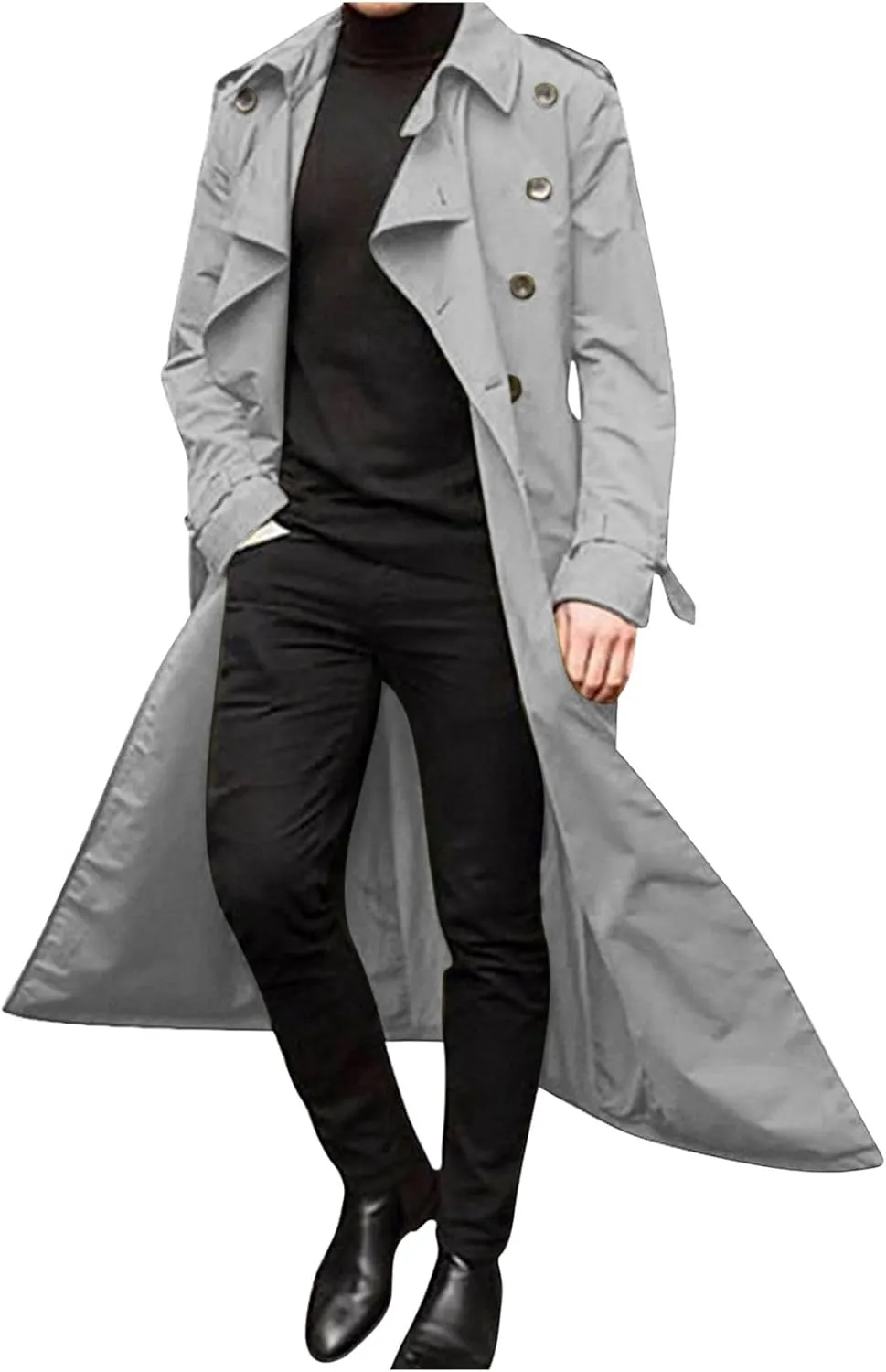 Trench Coats for Men Fall Long Jackets Double Breasted Overcoat Long Sleeve Tops Casual Business Outerwear with Pocket