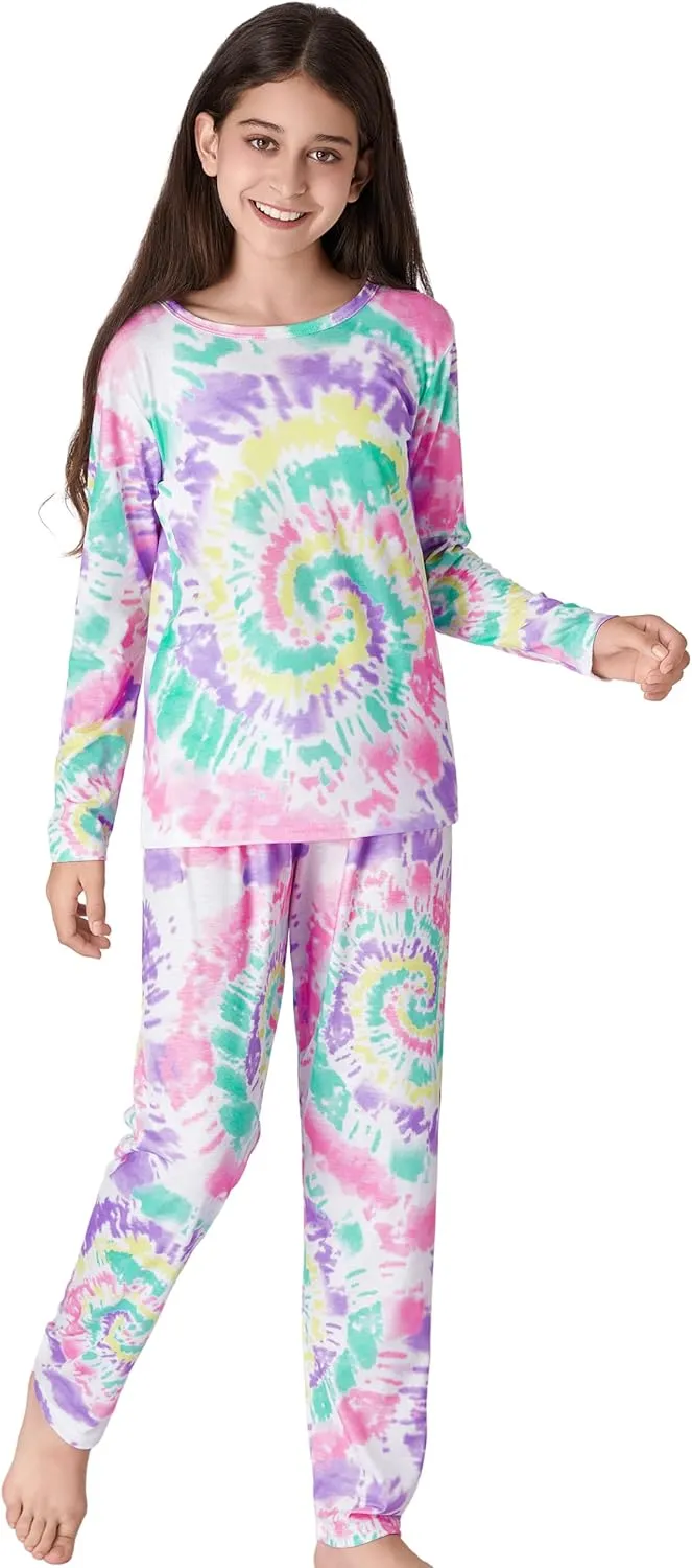 Trendy Tie Dye Spiral Pajamas for Girls 2-Piece Soft Long Sleeve & Pants PJ Set Jammies Size 6-18