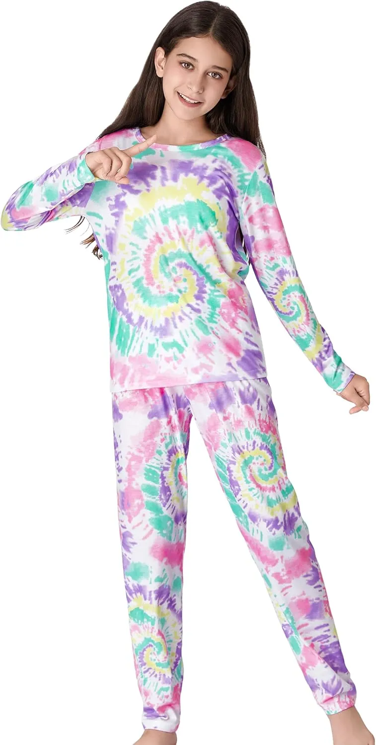 Trendy Tie Dye Spiral Pajamas for Girls 2-Piece Soft Long Sleeve & Pants PJ Set Jammies Size 6-18
