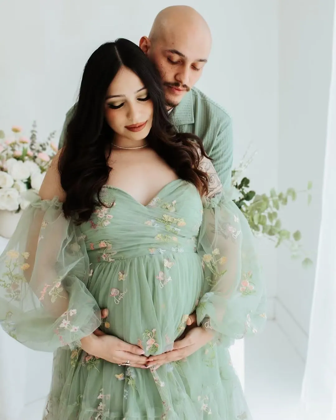Tulle Maternity Dresses for Photoshoot Flower Embroidery Puffy Sleeve Ruffles Pregnancy Baby Shower Dress