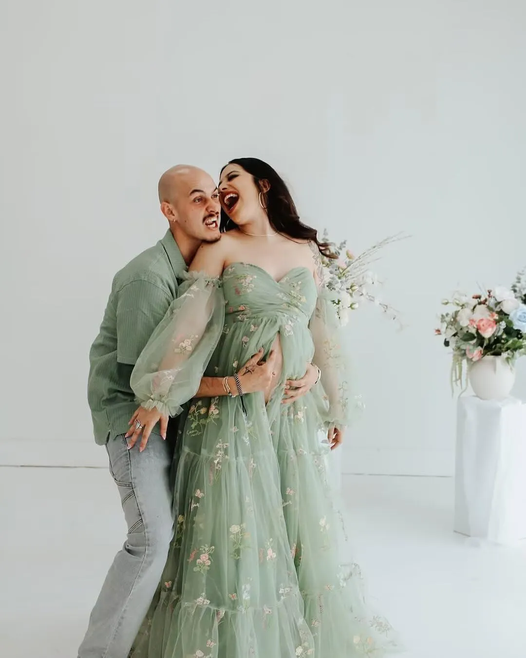 Tulle Maternity Dresses for Photoshoot Flower Embroidery Puffy Sleeve Ruffles Pregnancy Baby Shower Dress