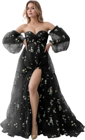 Tulle Maternity Dresses for Photoshoot Flower Embroidery Puffy Sleeve Ruffles Pregnancy Baby Shower Dress
