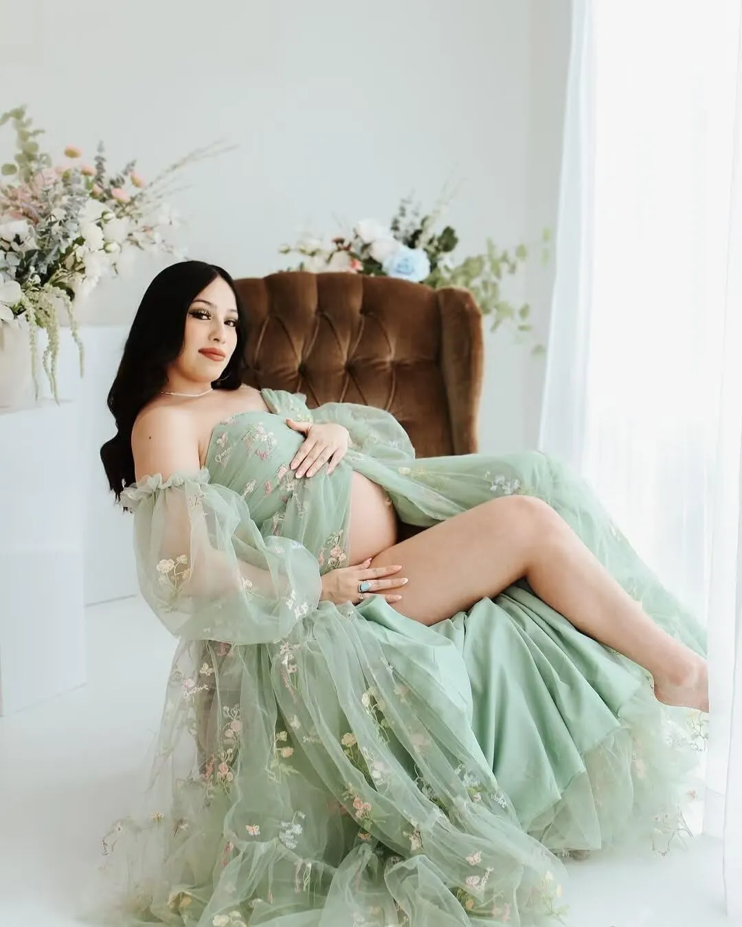 Tulle Maternity Dresses for Photoshoot Flower Embroidery Puffy Sleeve Ruffles Pregnancy Baby Shower Dress