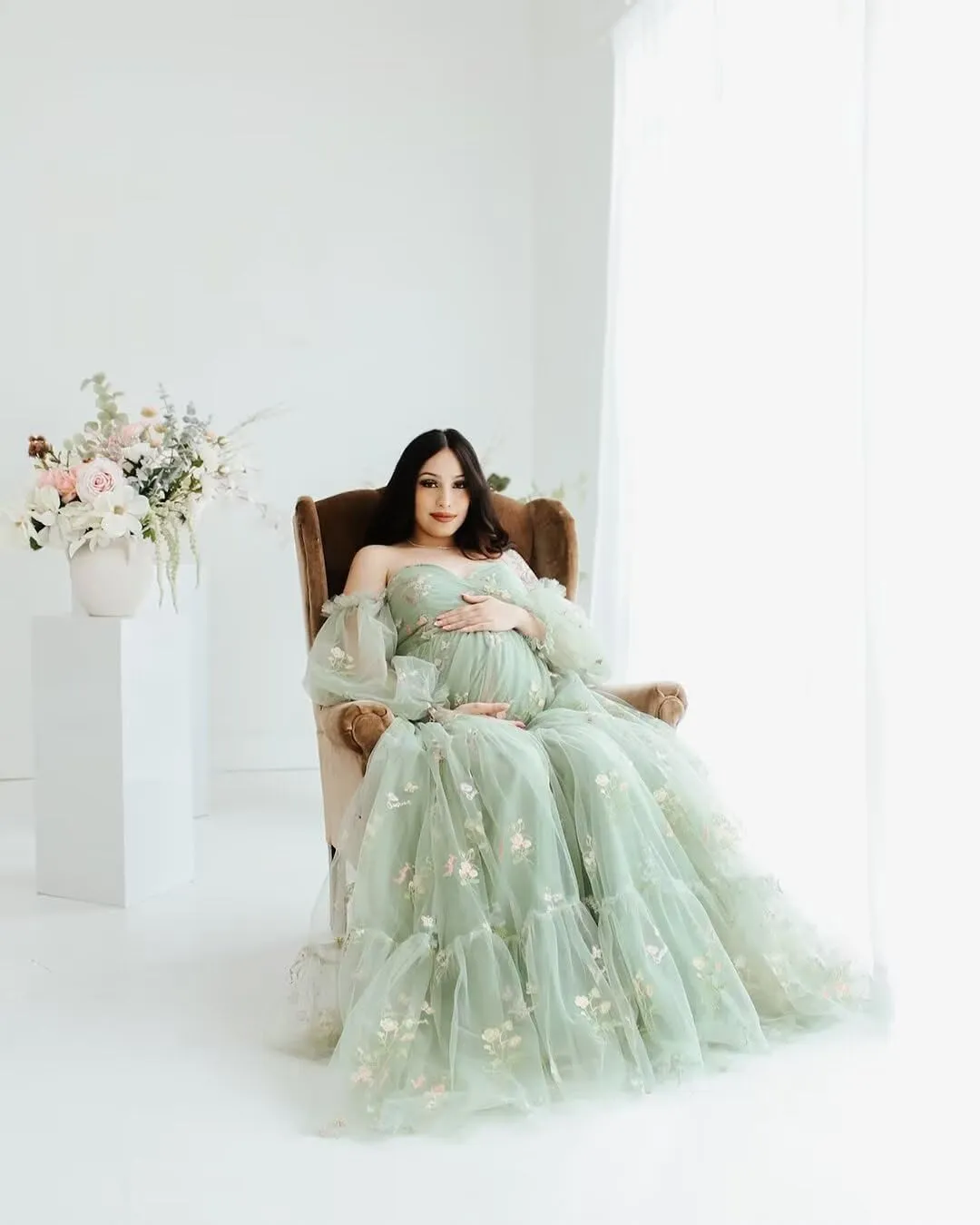 Tulle Maternity Dresses for Photoshoot Flower Embroidery Puffy Sleeve Ruffles Pregnancy Baby Shower Dress