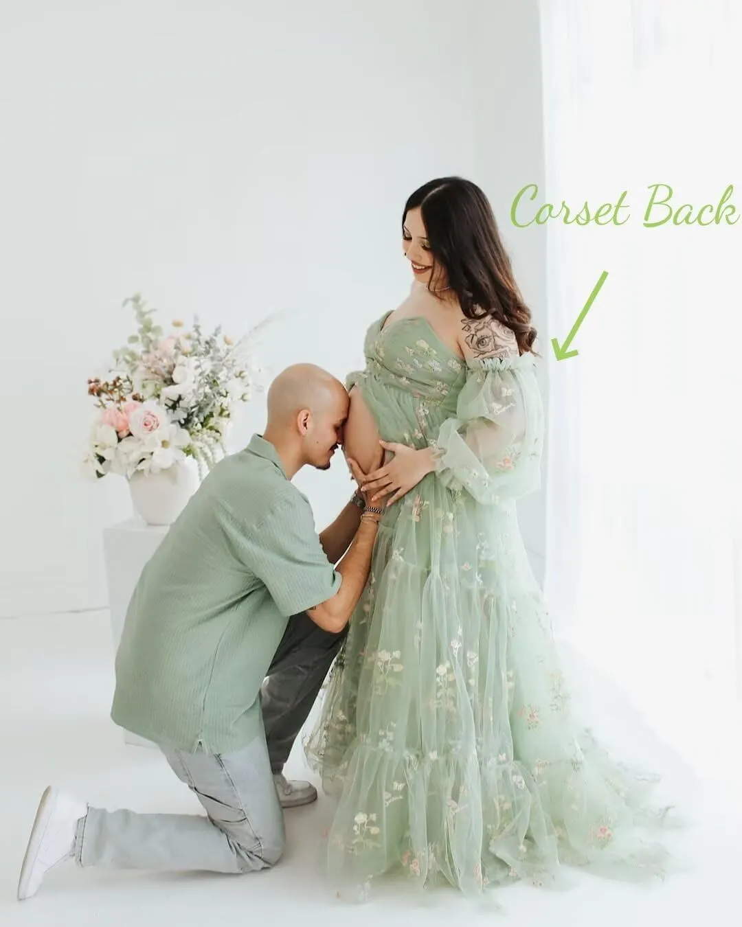 Tulle Maternity Dresses for Photoshoot Flower Embroidery Puffy Sleeve Ruffles Pregnancy Baby Shower Dress