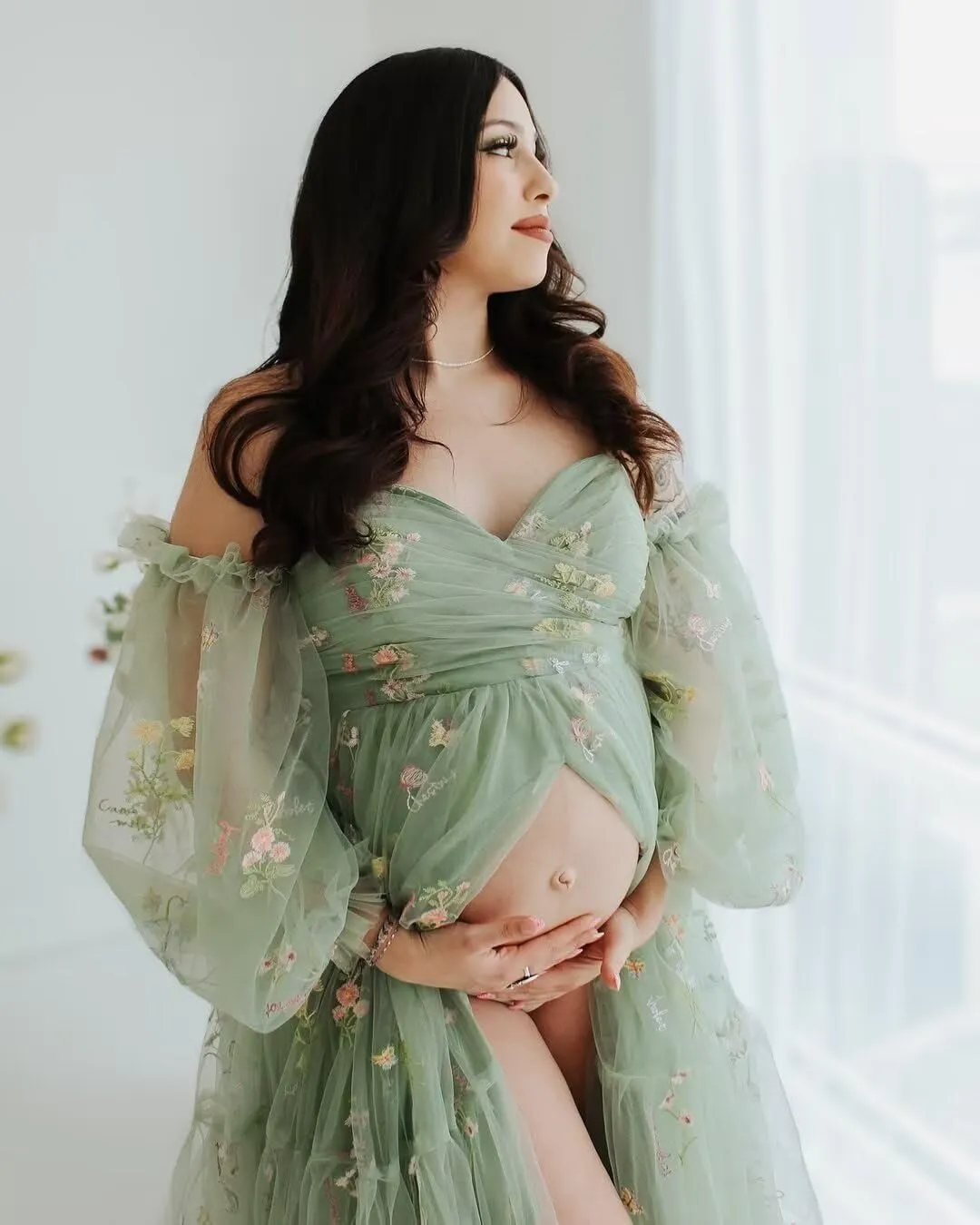 Tulle Maternity Dresses for Photoshoot Flower Embroidery Puffy Sleeve Ruffles Pregnancy Baby Shower Dress
