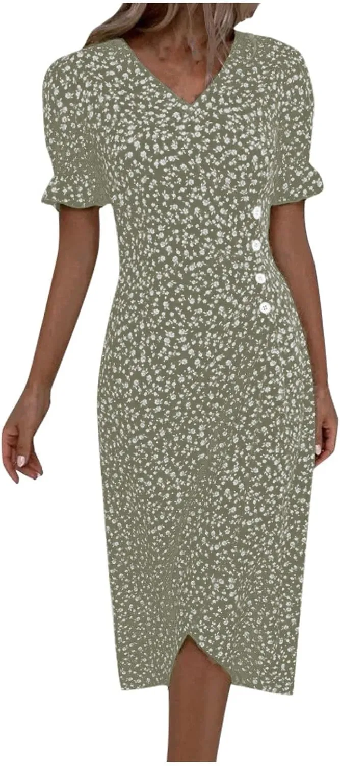TWGONE Beach Dresses for Women 2025 Spring Trendy Floral Boho Midi Dress Casual V Neck Short Sleeve Irregular Hem Dress