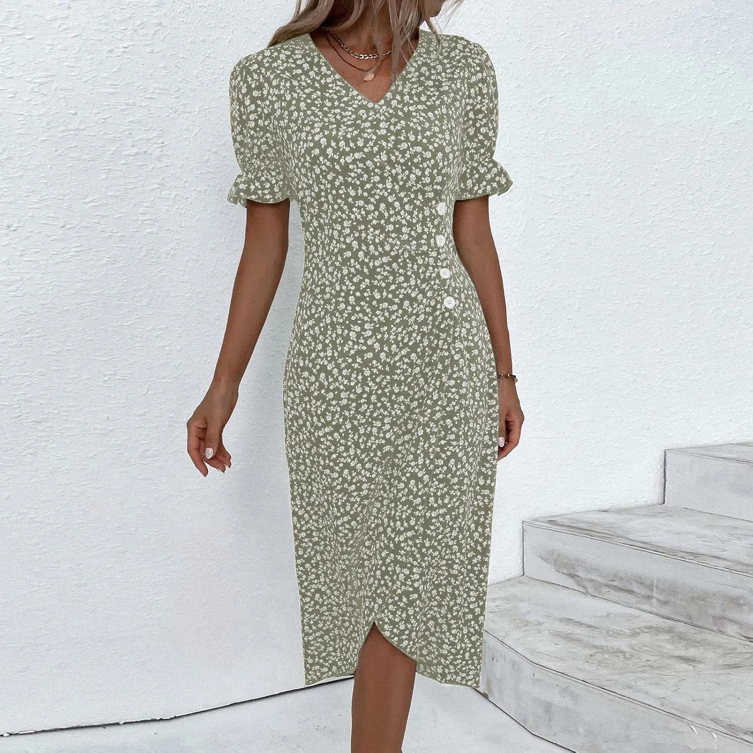 TWGONE Beach Dresses for Women 2025 Spring Trendy Floral Boho Midi Dress Casual V Neck Short Sleeve Irregular Hem Dress
