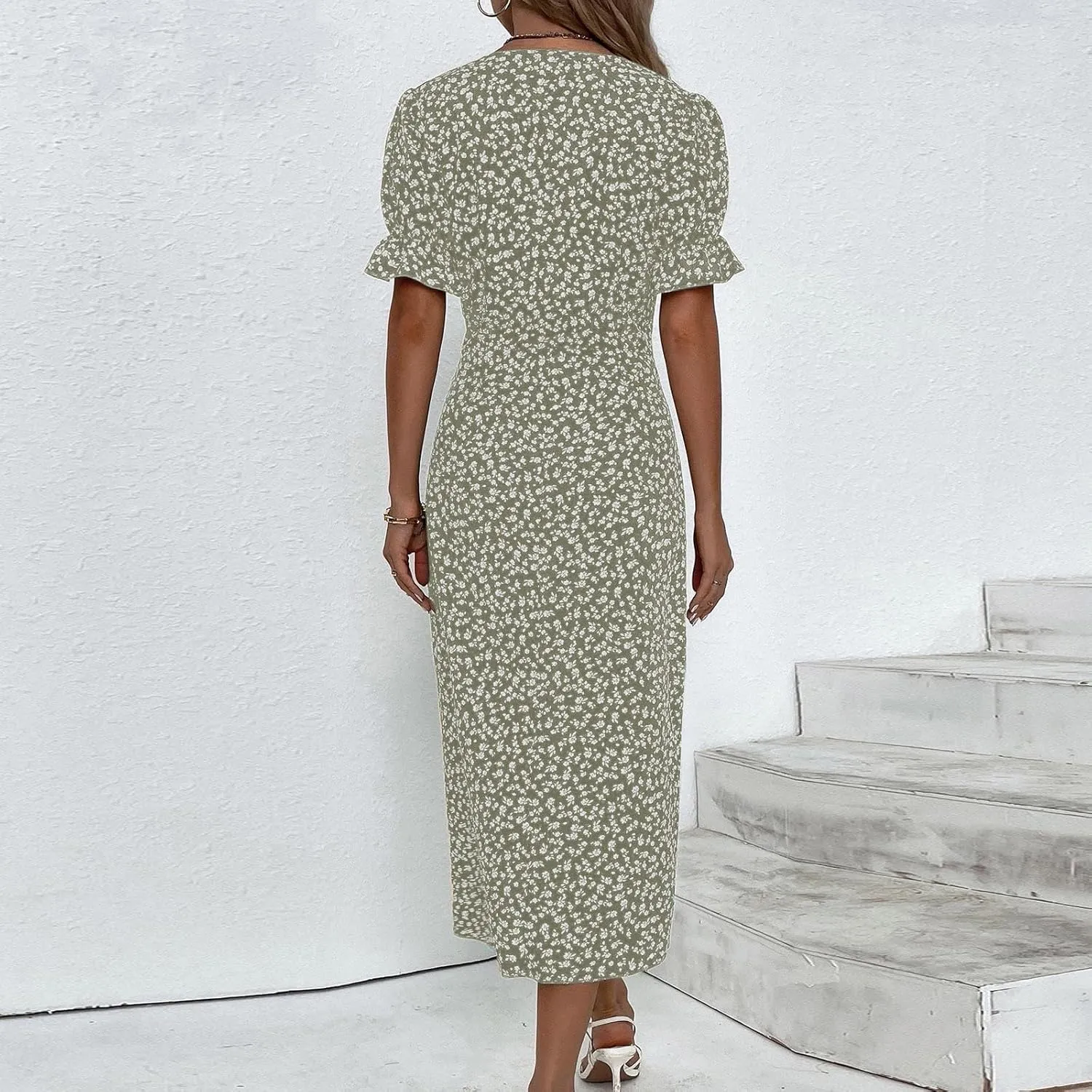 TWGONE Beach Dresses for Women 2025 Spring Trendy Floral Boho Midi Dress Casual V Neck Short Sleeve Irregular Hem Dress