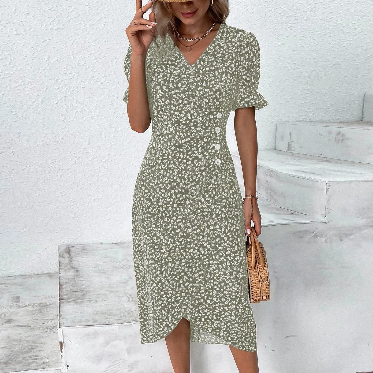 TWGONE Beach Dresses for Women 2025 Spring Trendy Floral Boho Midi Dress Casual V Neck Short Sleeve Irregular Hem Dress