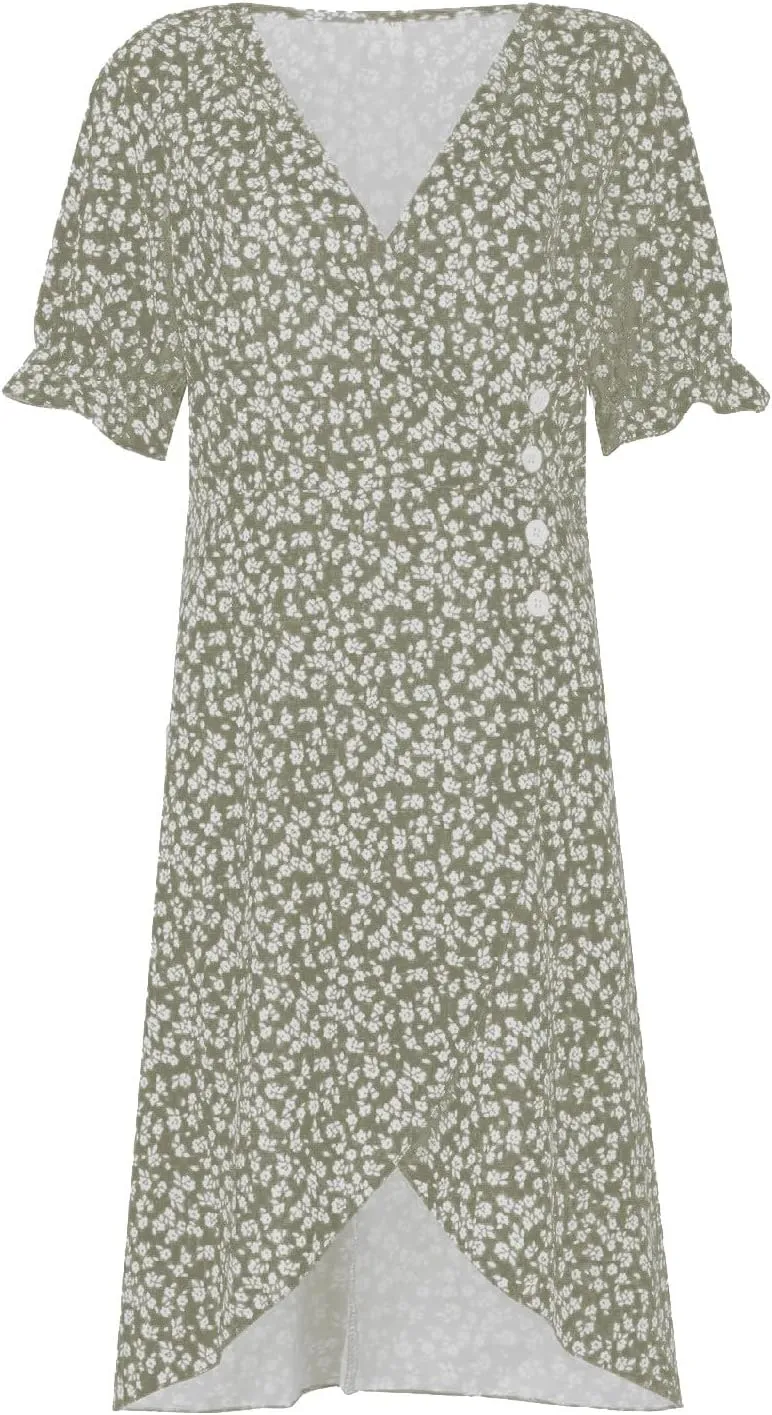 TWGONE Beach Dresses for Women 2025 Spring Trendy Floral Boho Midi Dress Casual V Neck Short Sleeve Irregular Hem Dress