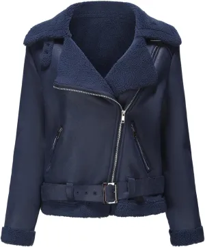 Uillui Women Fashion Sherpa Bomber Jacket Winter Lamb Wool Fleece Lined Thicken Trucker Jacket Fur in One Thermal Suede Coat
