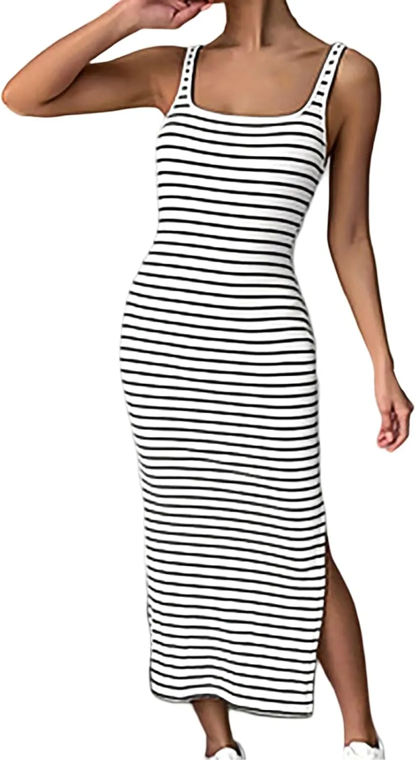 Vacation Elegant Dresses for Women Striped Spaghetti Straps Elastic Waist Wrap Dress with Slit Baby Shower Outfit for Guest