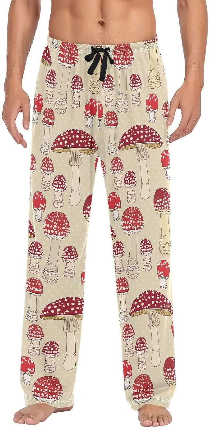 Vintage Mushroom Pajama Pants for Men, Comfortable Mens Lounge Pants with Pockets, Men's Pajama Bottoms