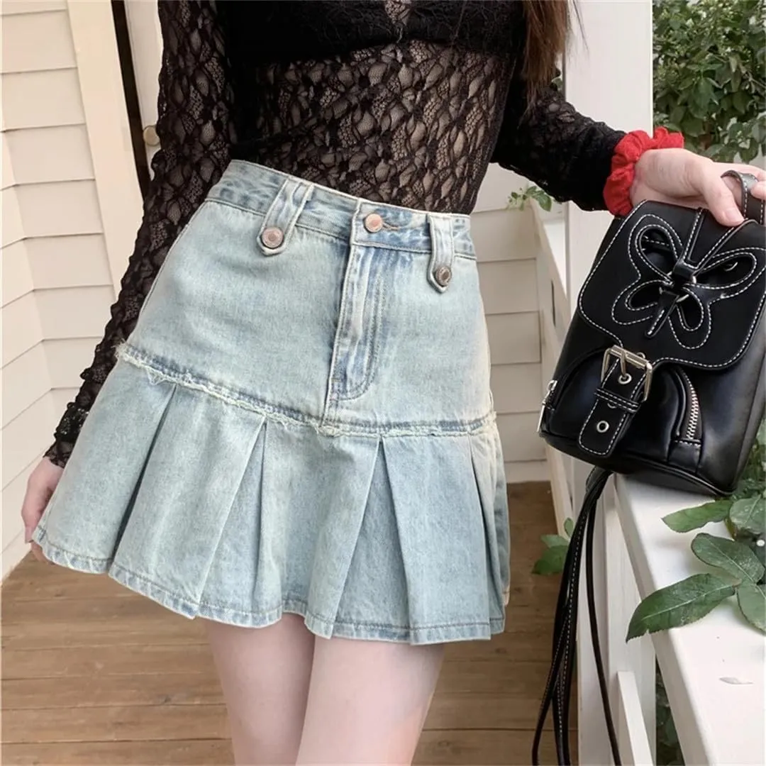 Vintage Pleated Jeans Skirts Women High Waist Skirts with Shorts Summer Short Mini Skirts