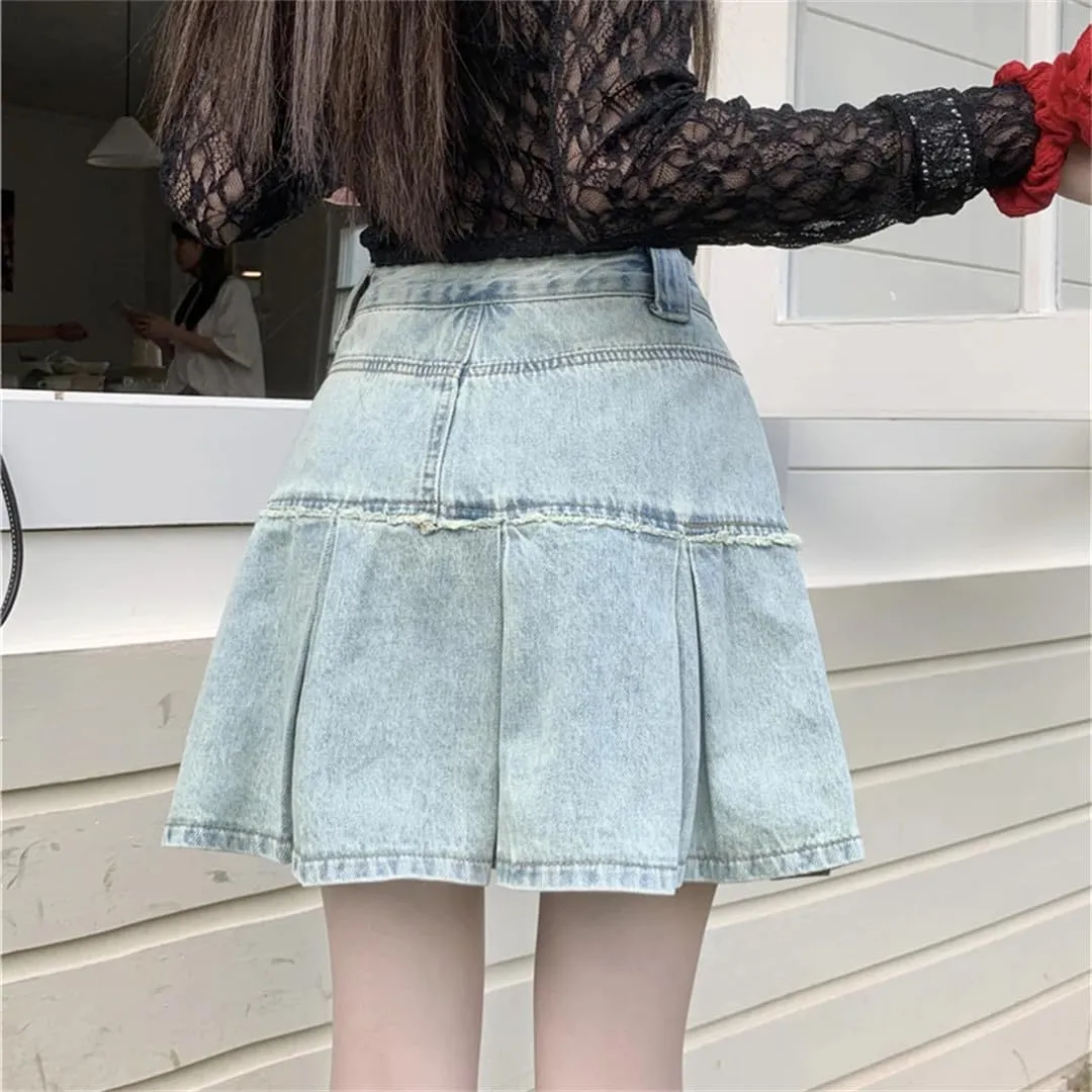 Vintage Pleated Jeans Skirts Women High Waist Skirts with Shorts Summer Short Mini Skirts