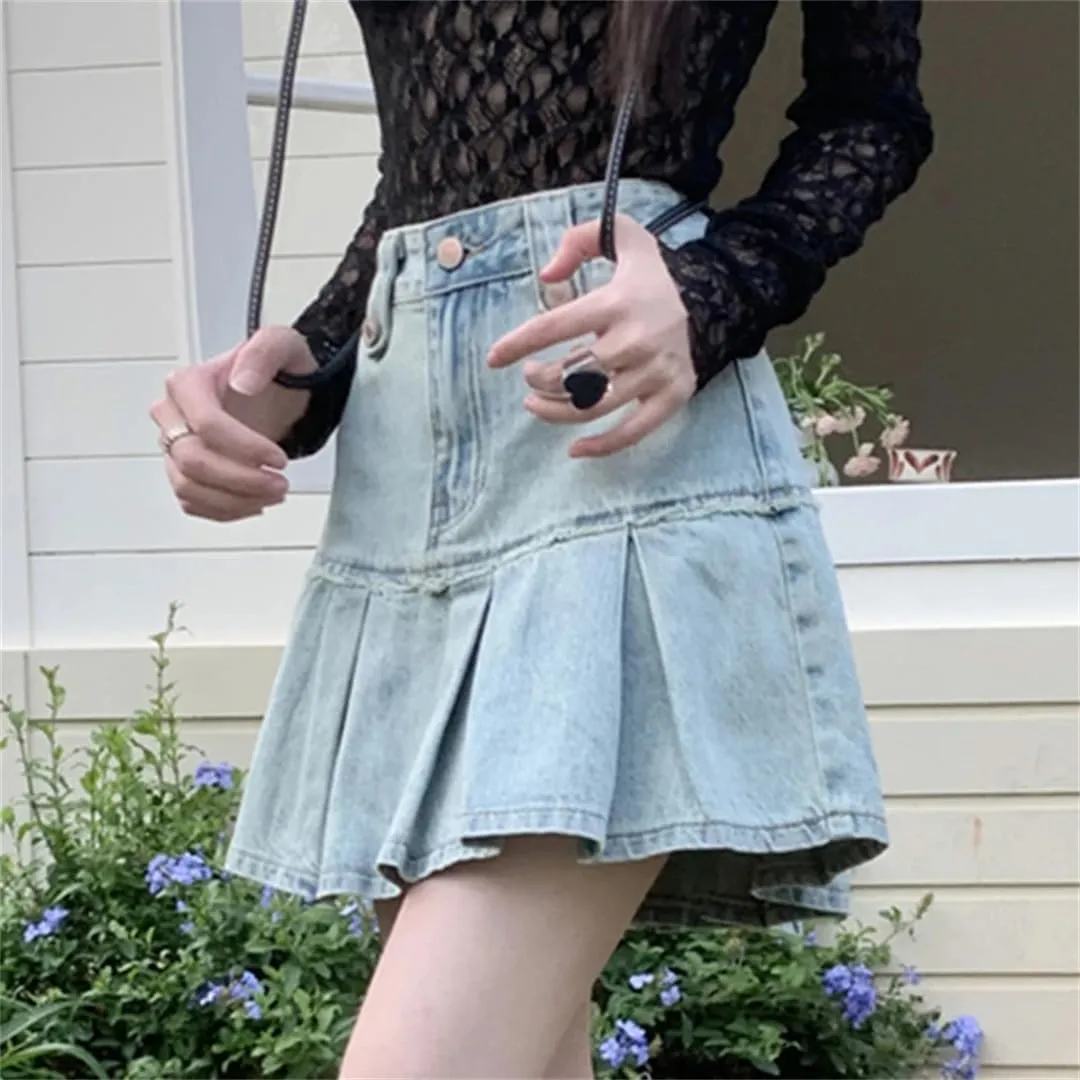 Vintage Pleated Jeans Skirts Women High Waist Skirts with Shorts Summer Short Mini Skirts
