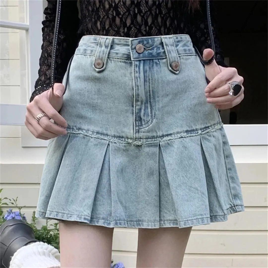 Vintage Pleated Jeans Skirts Women High Waist Skirts with Shorts Summer Short Mini Skirts