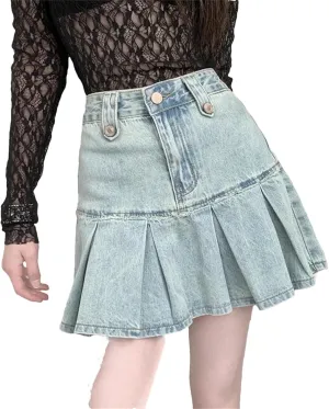 Vintage Pleated Jeans Skirts Women High Waist Skirts with Shorts Summer Short Mini Skirts