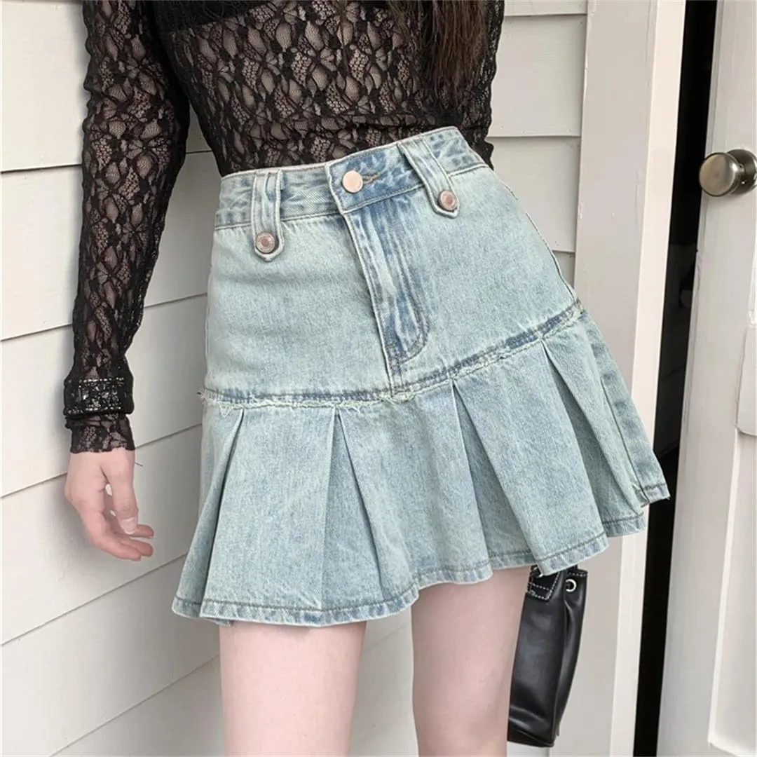 Vintage Pleated Jeans Skirts Women High Waist Skirts with Shorts Summer Short Mini Skirts