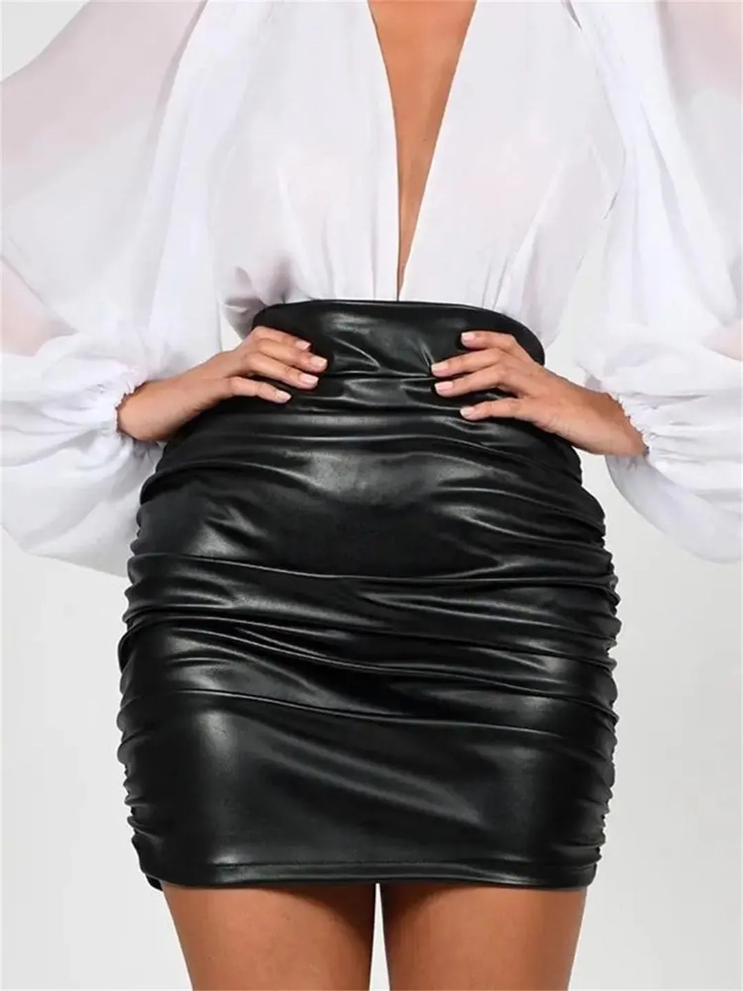 Vintage Pu Leather Pleated Skirts Women Folds Pencil Skirts High Waist Sexy Mini Short Skirts