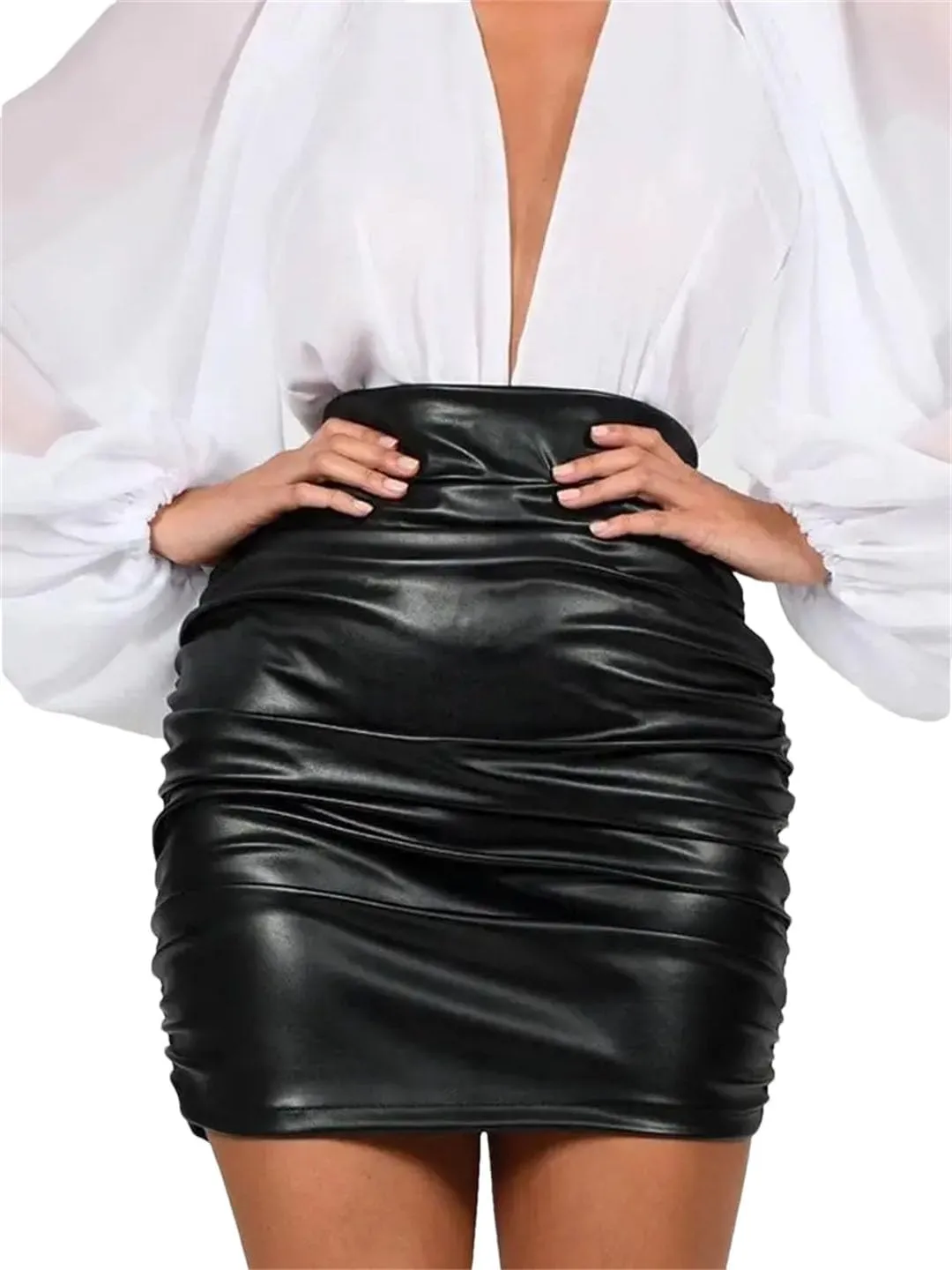 Vintage Pu Leather Pleated Skirts Women Folds Pencil Skirts High Waist Sexy Mini Short Skirts
