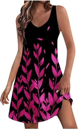 Vintage Sundresses for Women Casual V Neck Bohemian Tshirt Dress Ladies Flowy Knee Length Short Dress with Pockets