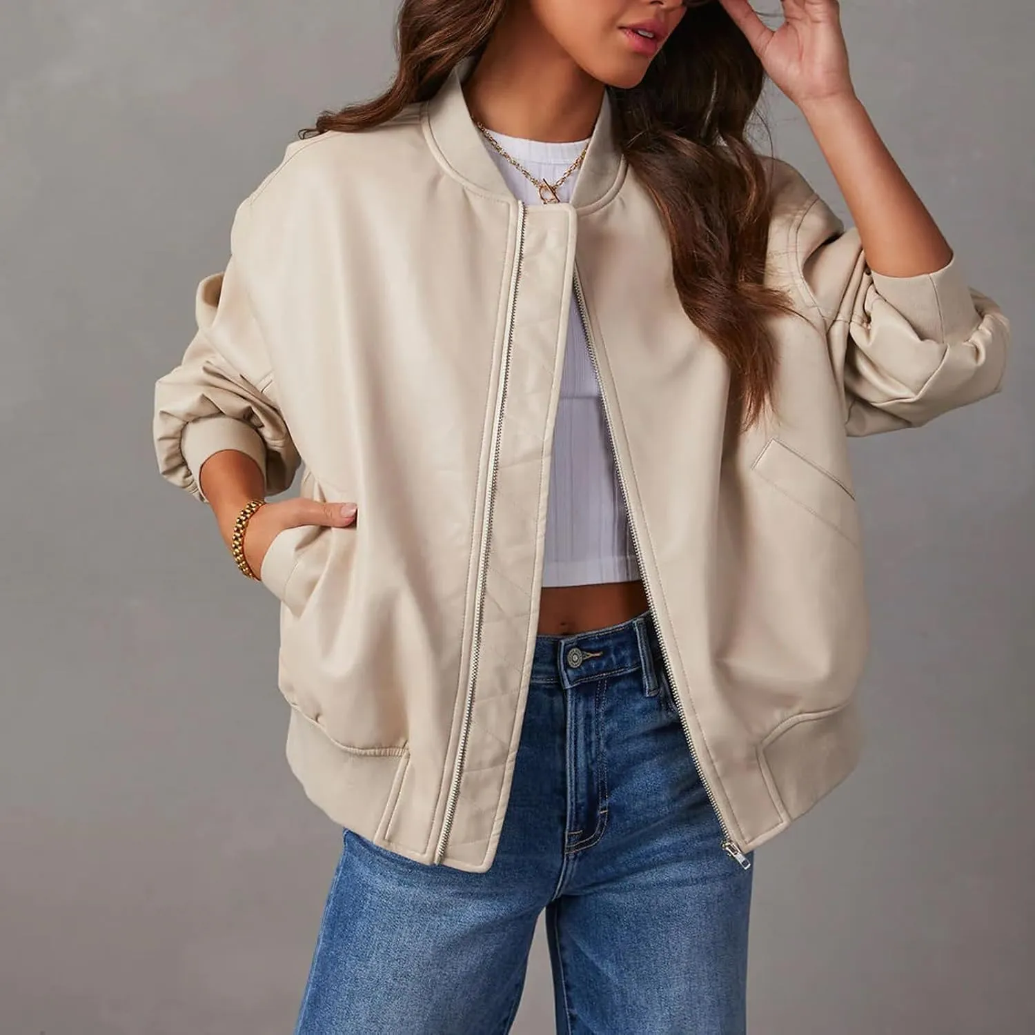 VOIKERDR Leather Jacket Women Moto Jackets Pu Leather Blazer Biker Jacket Faux Leather Jackets Outerwear