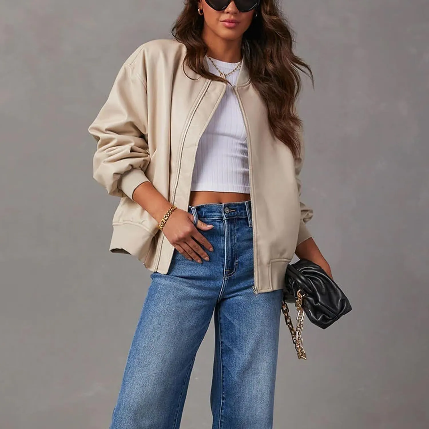 VOIKERDR Leather Jacket Women Moto Jackets Pu Leather Blazer Biker Jacket Faux Leather Jackets Outerwear
