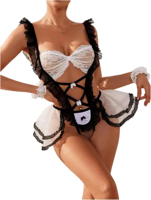 WDIRARA Women's Sexy Floral Lace Sheer Mesh Lingerie Bodysuit Set Babydoll with Panty