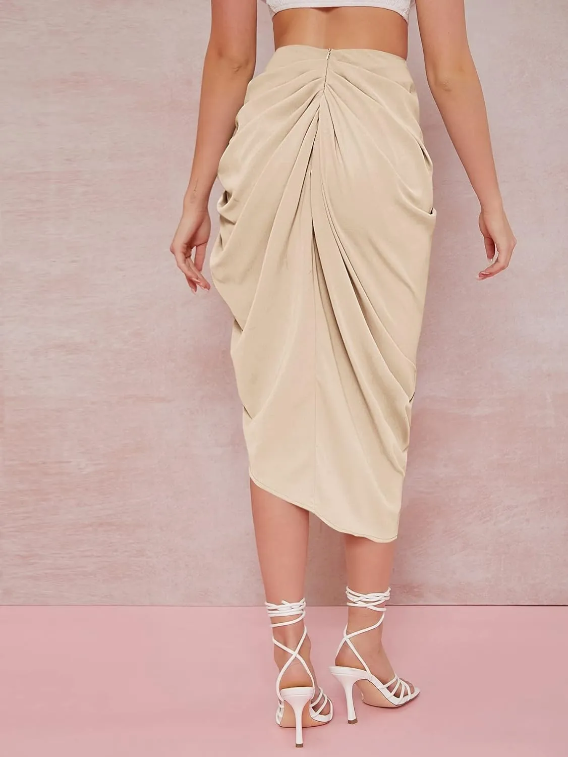 WDIRARA Women's Skirts Split Thigh Front Satin Skirt High Waist Ruched Zip Back WrapMidi Skirt