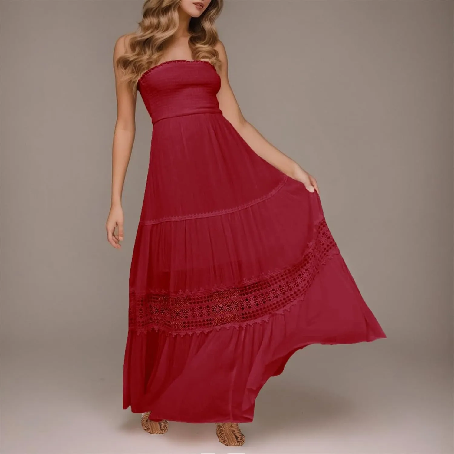 Western Dress for Women Elegant Casual Lace Ruffles Hem Strapless Semi Formal Dress Fashion Cacktail Party Sundresses